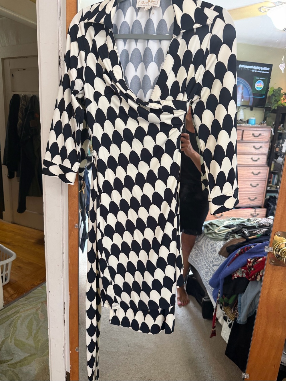 Black and Cream Geo-Print Midi Wrap Dress